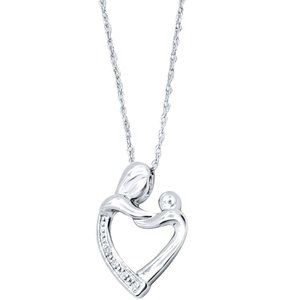 Mother & Child Heart-Shape Pendant Necklace 0.02 carat in 925 Sterling Silver